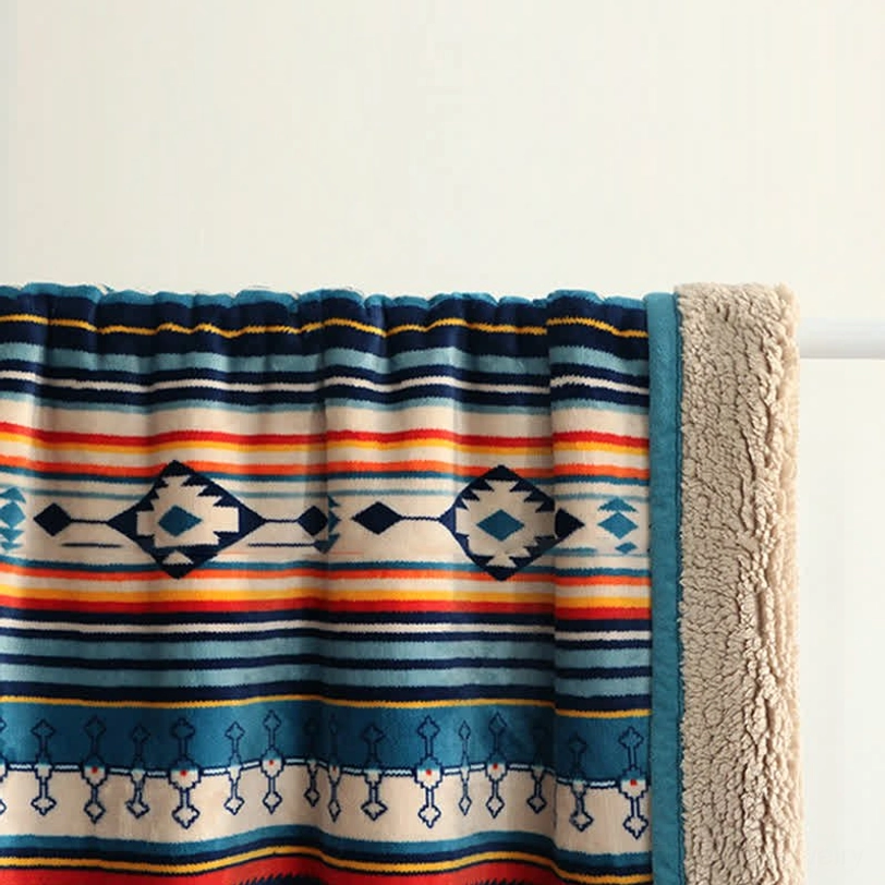 Top-down flat lay of reversible throw blanket showing horizontal stripe and aztec pattern on front with sherpa backside and clean border trim