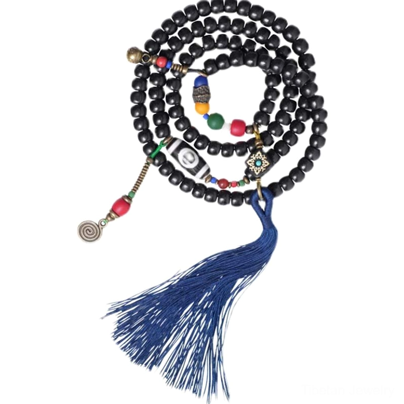 Complete Tibetan 108-bead mala meditation prayer necklace with copper charm and tassel for spiritual practice