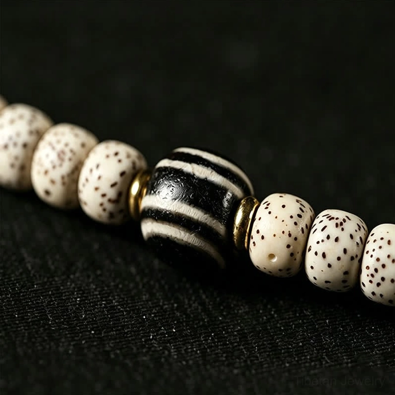 Tibetan 108 Bodhi mala necklace with sacred Dzi bead pendant, complete handcrafted prayer strand
