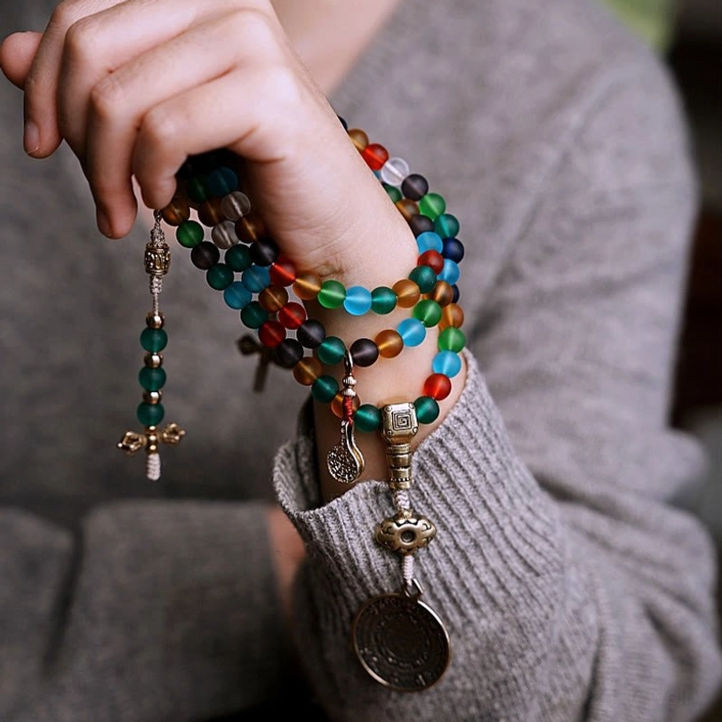 Tibetan 108 mala bead bracelet with Bagua charm - spiritual meditation jewelry with liuli glass beads