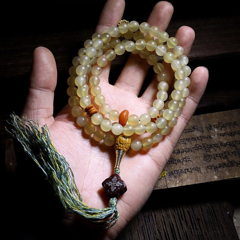 Tibetan 108 sheep horn mala beads bracelet - spiritual meditation prayer beads close-up