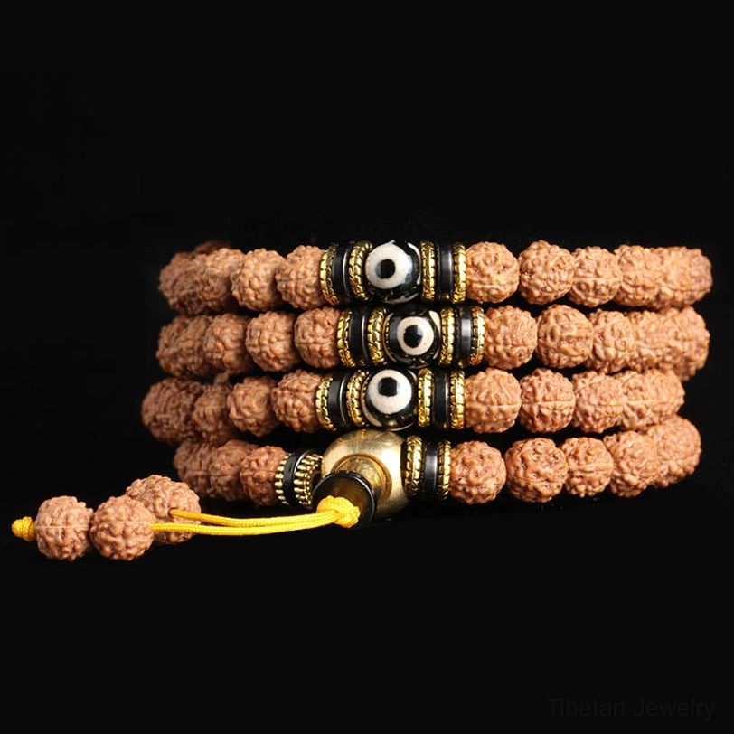 Tibetan 108 mala bracelet with rudraksha, bodhi seed, and hand-painted dzi bead - meditation spiritual tool