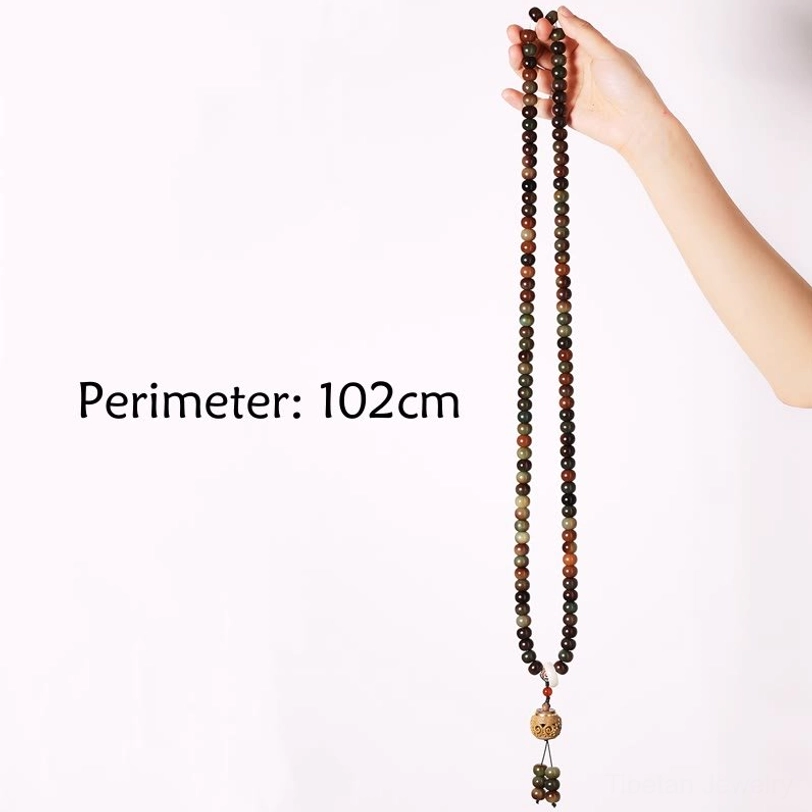 Long Tibetan 108-bead mala prayer necklace at 102cm perimeter with carved wooden prayer box pendant