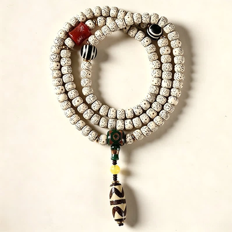 108 bead prayer necklace with white spotted Bodhi seeds, yellow-green spacer, and black-white Dzi pendant bead