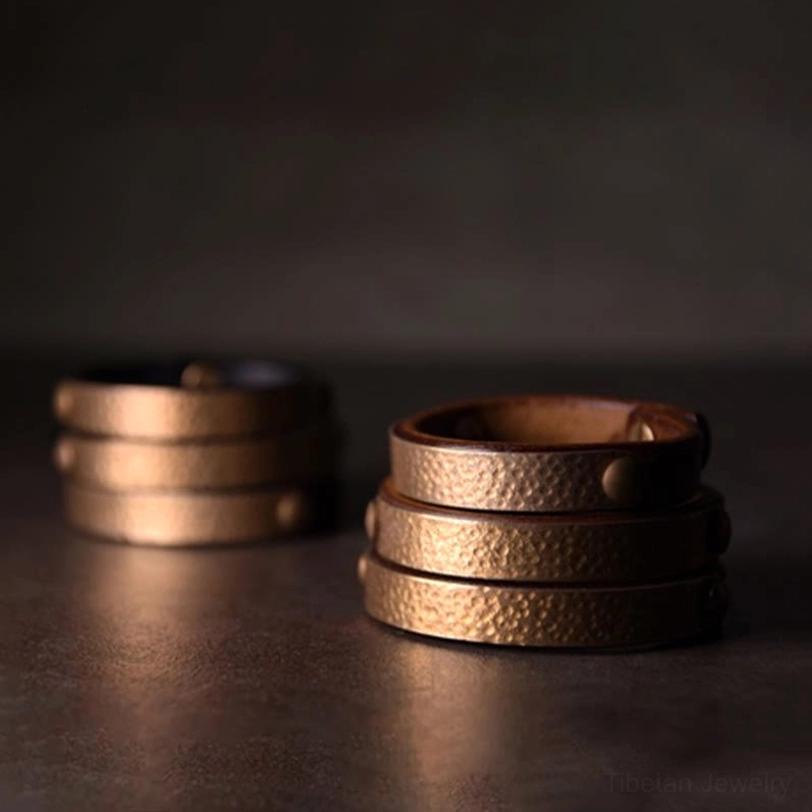 Tibetan brass and leather abundance bracelet with protective spiritual significance, adjustable fit multiple sizes available