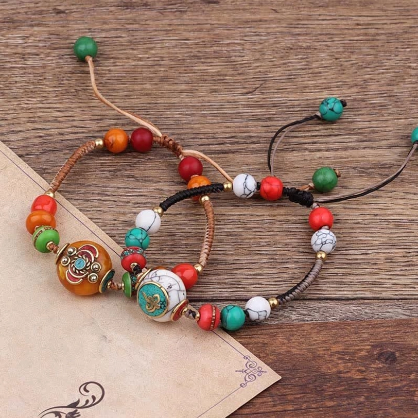 Adjustable Tibetan healing bracelet with turquoise amber rope cord natural materials handwoven