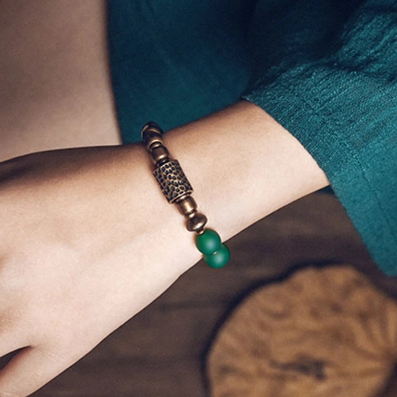 Handmade Tibetan red and green agate bracelet with premium elastic string and antique copper hardware