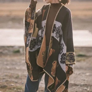 Tibetan alpaca geometric poncho shawl tribal pattern front view lakeside outdoor ethnic wrap