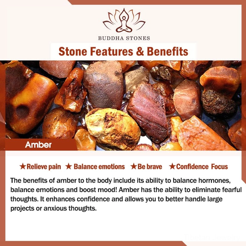 Tibetan amber mala promotional graphic featuring rough amber stones, lotus symbol, and wellness benefits information