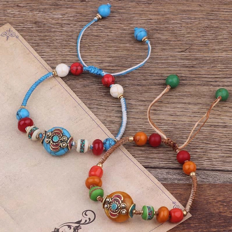 Tibetan amber and turquoise braided rope bracelet with natural gemstone beads spiritual gift