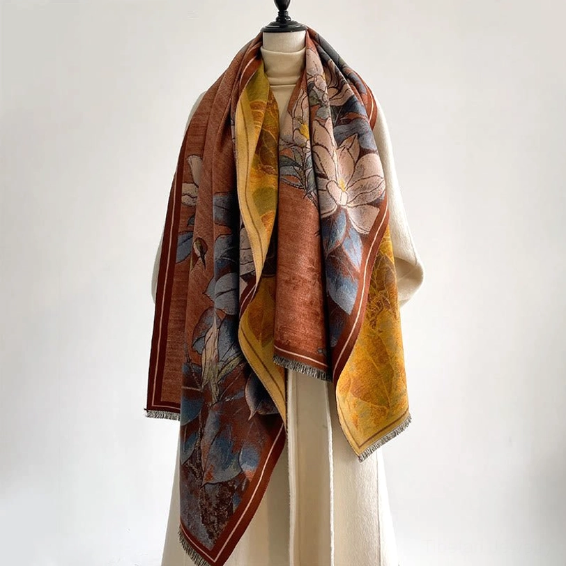 Artisan-crafted Tibetan scarf with traditional magnolia and bird motif - authentic spiritual textile