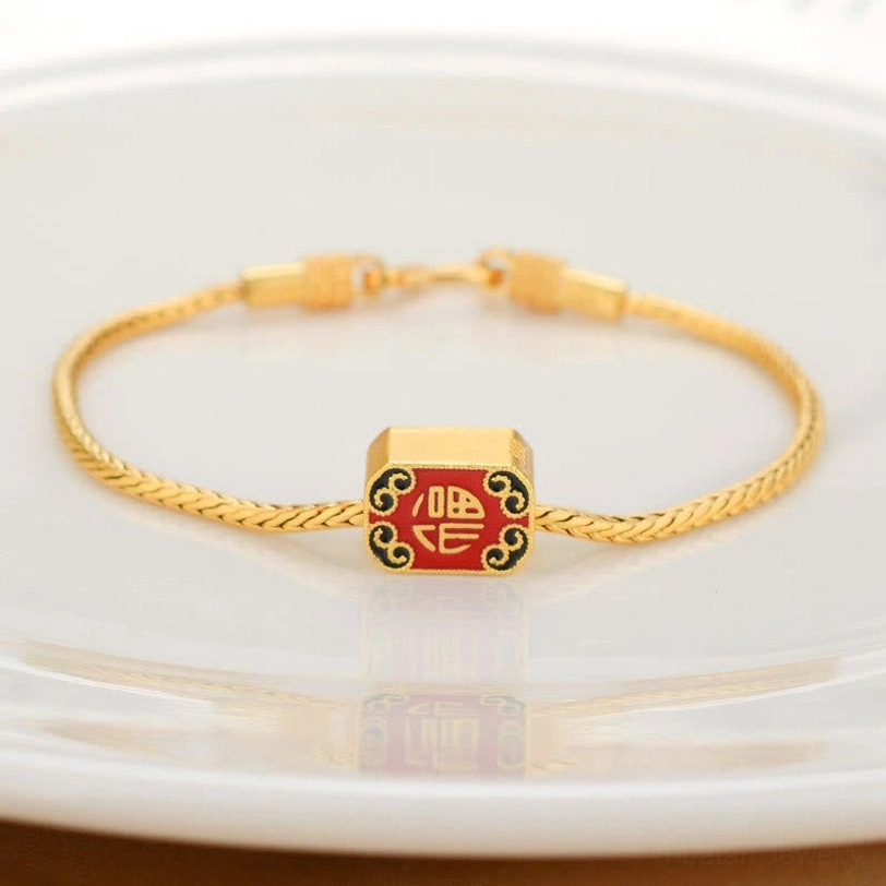 Auspicious Fu character charm Tibetan gold bracelet symbolizing happiness blessing fortune