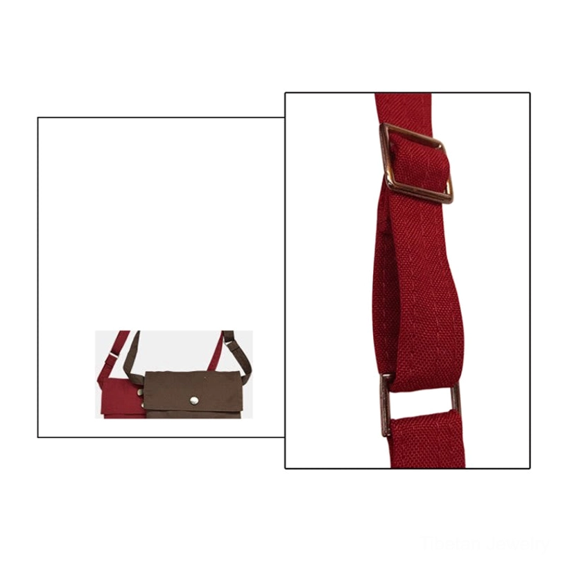 Tibetan OM mantra bag with adjustable metal buckle strap and canvas webbing showing burgundy fabric sample and closure mechanism