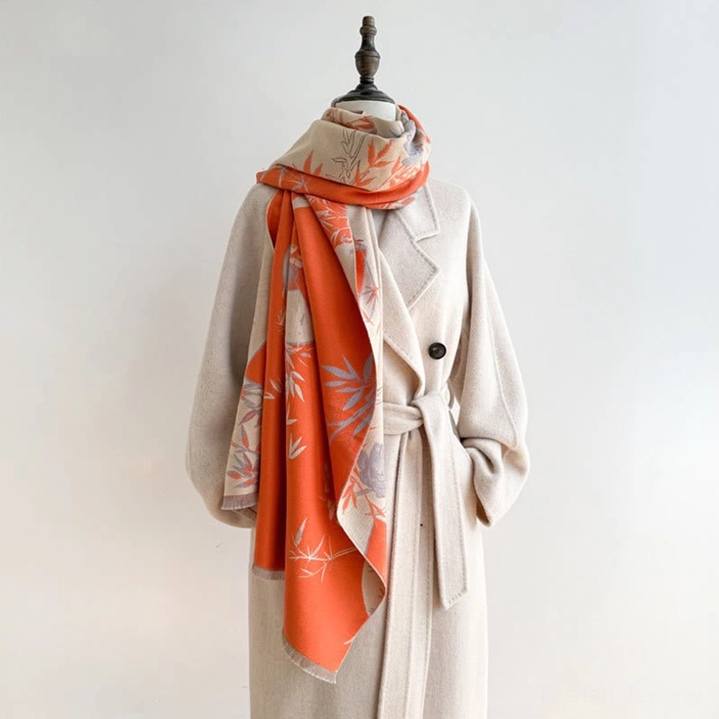 Bisque Tibetan bamboo peony reversible scarf in neutral beige tone showing traditional handwoven artistry