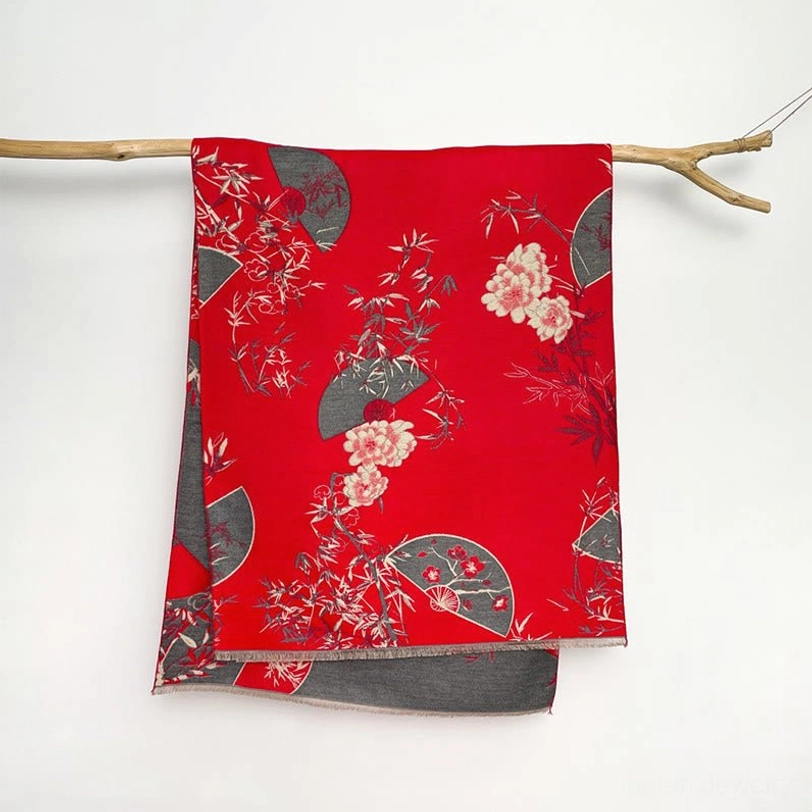 Red Tibetan bamboo peony reversible scarf flat lay showing crimson base with grey and pink floral prints