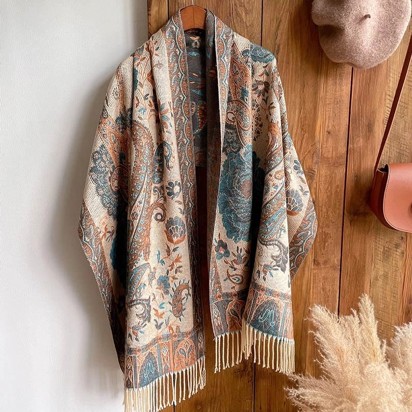 Beige Tibetan ethnic shawl with intricate floral pattern, soft neutral color for sophisticated bohemian style