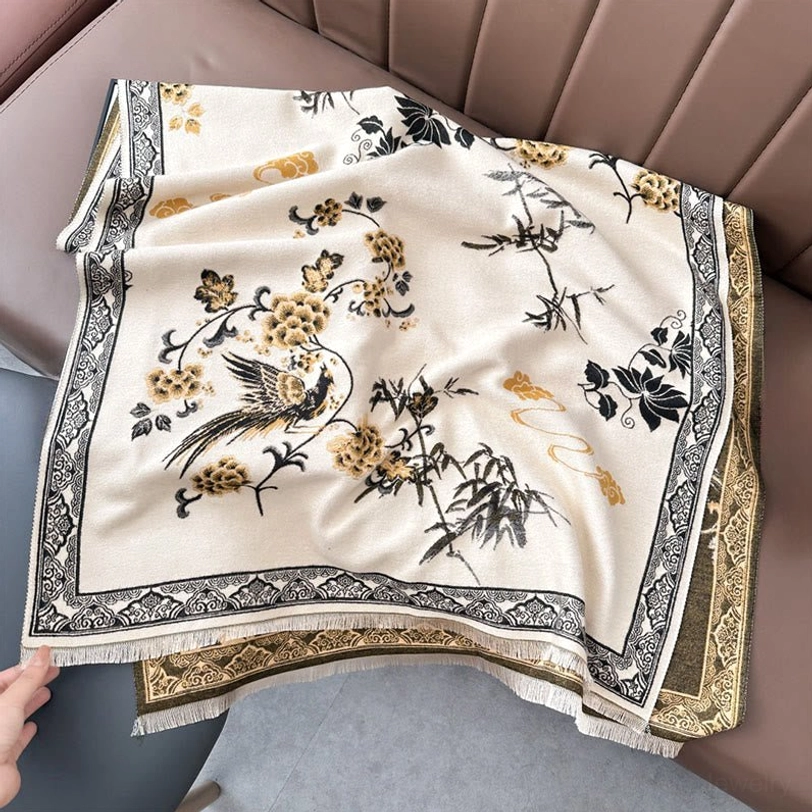 Cream beige Tibetan scarf with black and gold bamboo bird print, multi-layer border and fringe hem