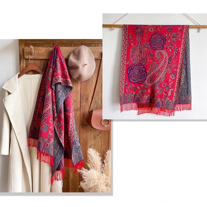 Beige Tibetan tassel shawl full view, soft neutral color option, elegant ethnic floral print design