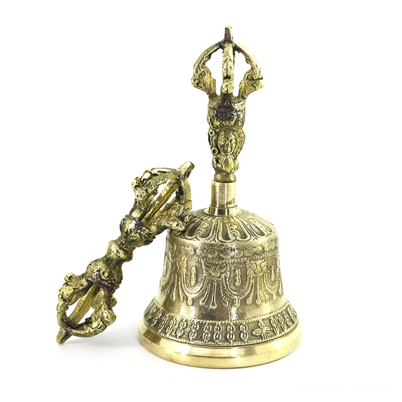 Tibetan meditation bell and vajra dorje copper set - complete handmade ritual tools with antique brass embossed design