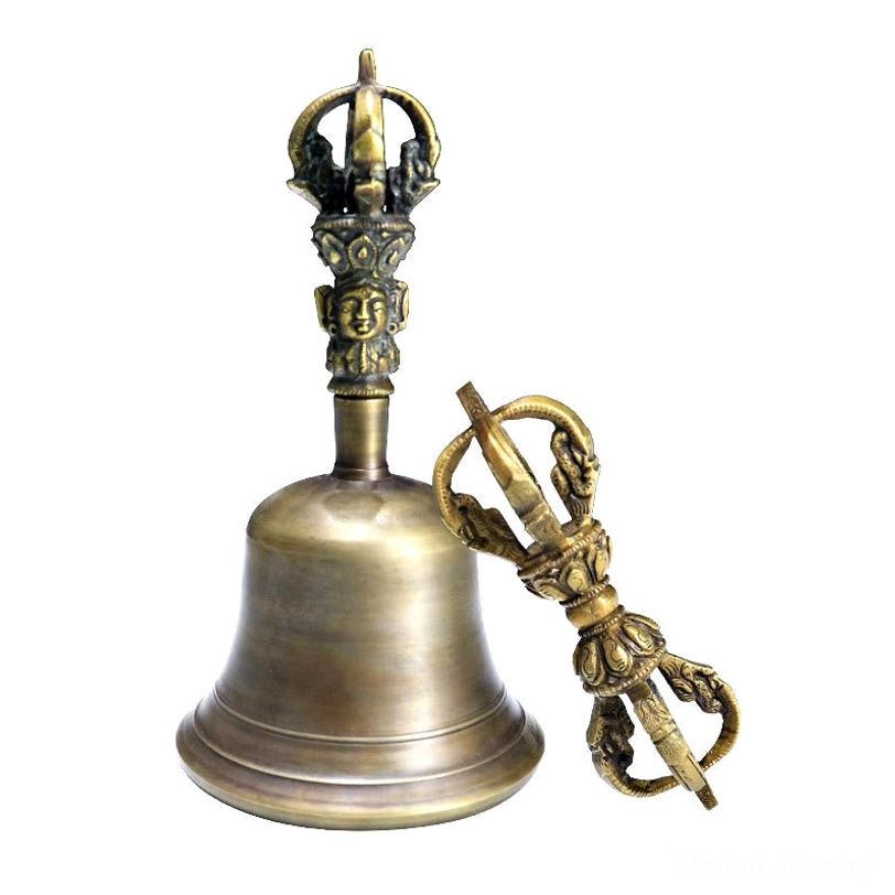 Tibetan meditation bell and vajra set size specification chart with dimension measurements for medium and large options