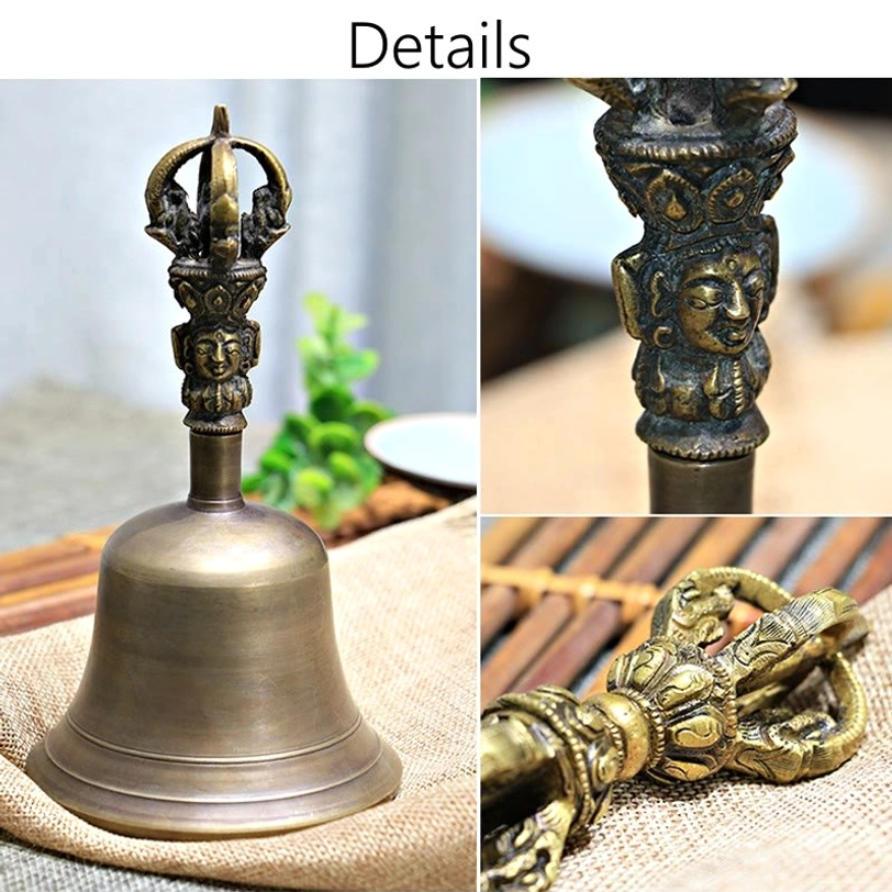Vintage bronze finish Tibetan meditation bell and vajra dorje ritual set, showing authentic handmade patina and aged copper appearance