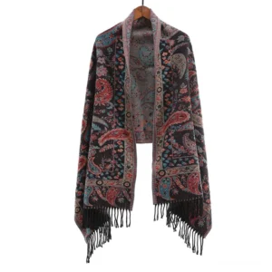 Black tibetan embroidered paisley tassel shawl - full hanging product shot with white background showing detailed jacquard weave