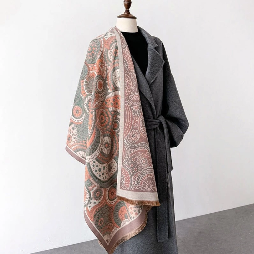Black Tibetan ethnic paisley shawl with reversible geometric pattern and hand-woven tassel edges, classic color option