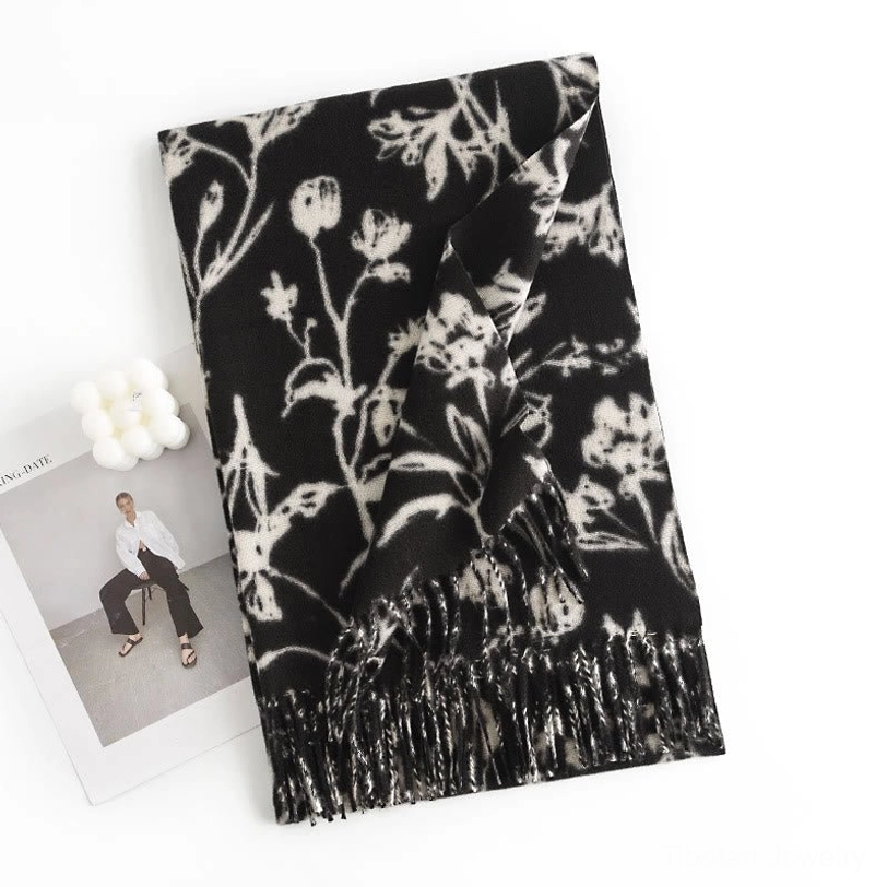 Black upward flower Tibetan shawl with cream base, flat lay displaying elegant floral pattern and fringe hem