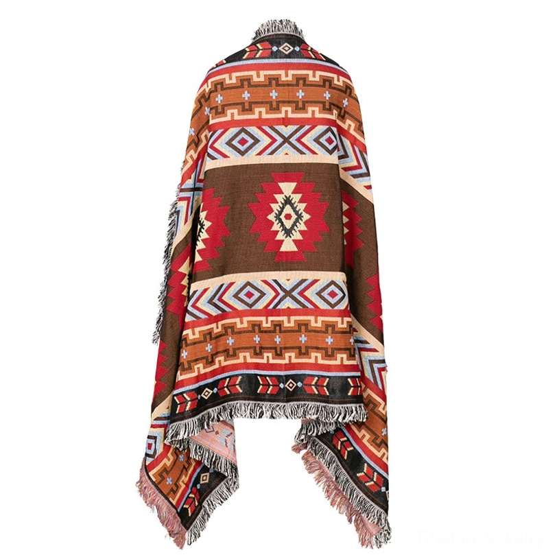 Tibetan tribal blanket lifestyle shot showing versatile use camping hiking outdoor adventure companion