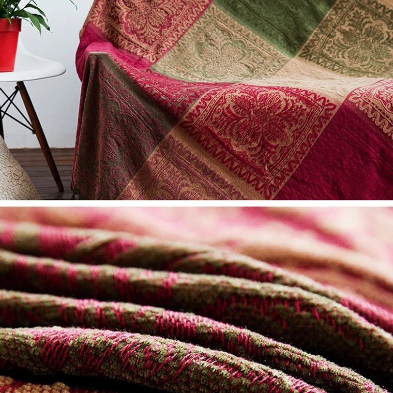 Folded Tibetan handwoven blanket detail showing multi-color thick woven texture with soft chenille-like fabric composition