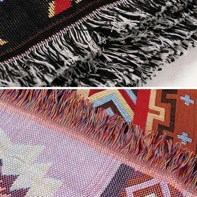 Tibetan blanket mixed-color tassel trim and geometric jacquard fabric edge close-up detail shot