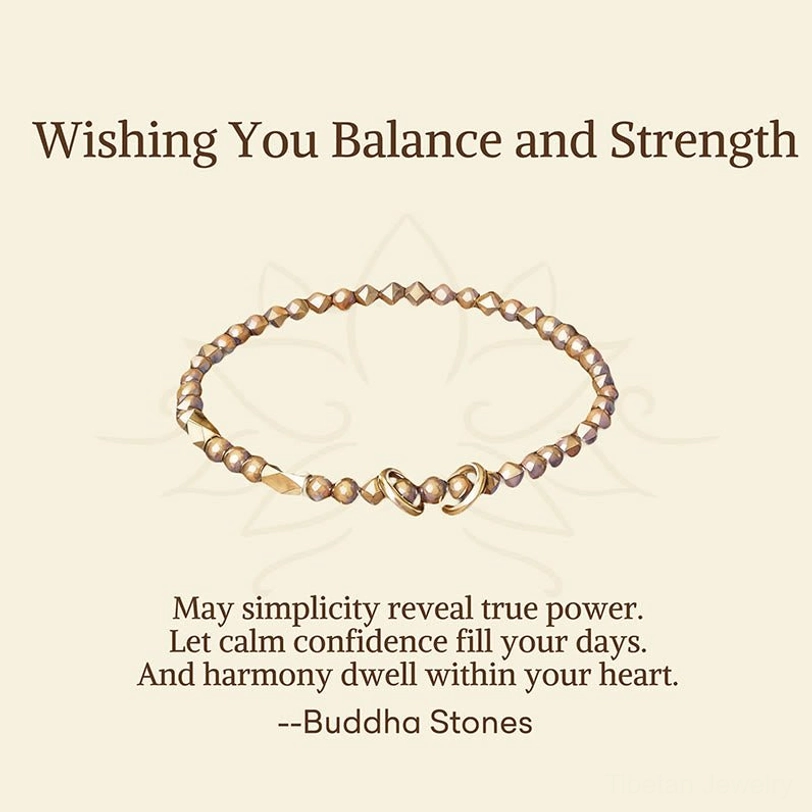 Illustrated Tibetan blessing bracelet with Buddha Stones branded message card and packaging on beige background