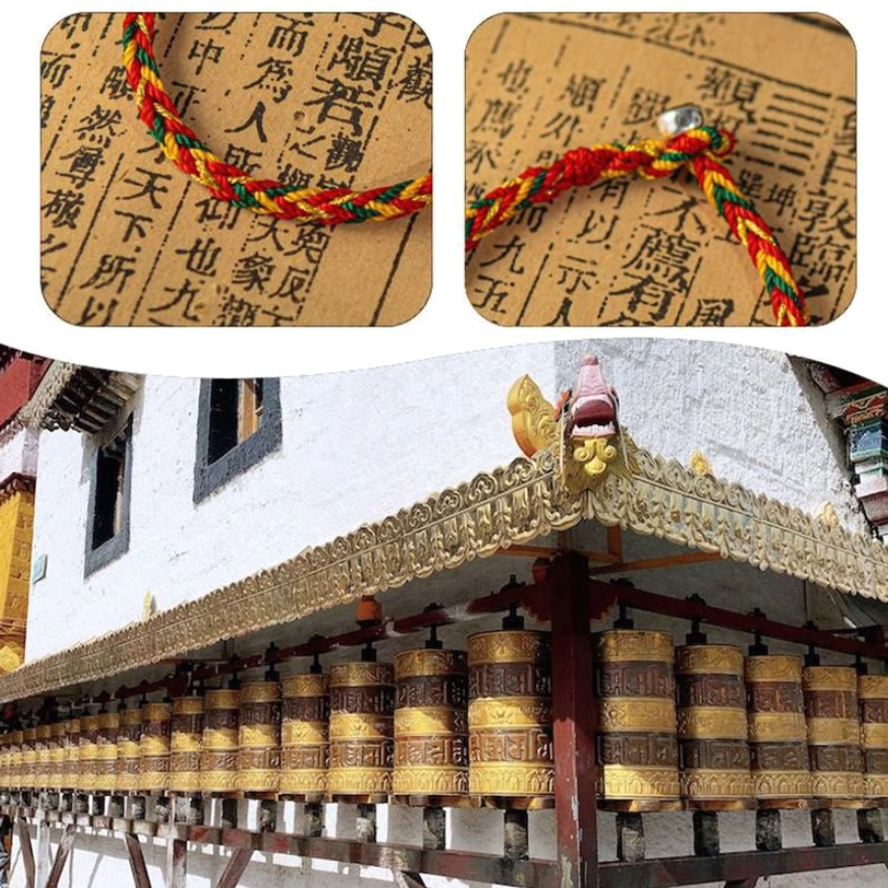 Lucky Tibetan blessing cord bracelet close-up showing natural fiber weave and metal clasp