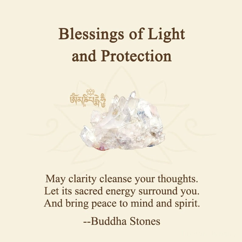 Tibetan blessing message card with crystal cluster design and sacred English text for gift packaging