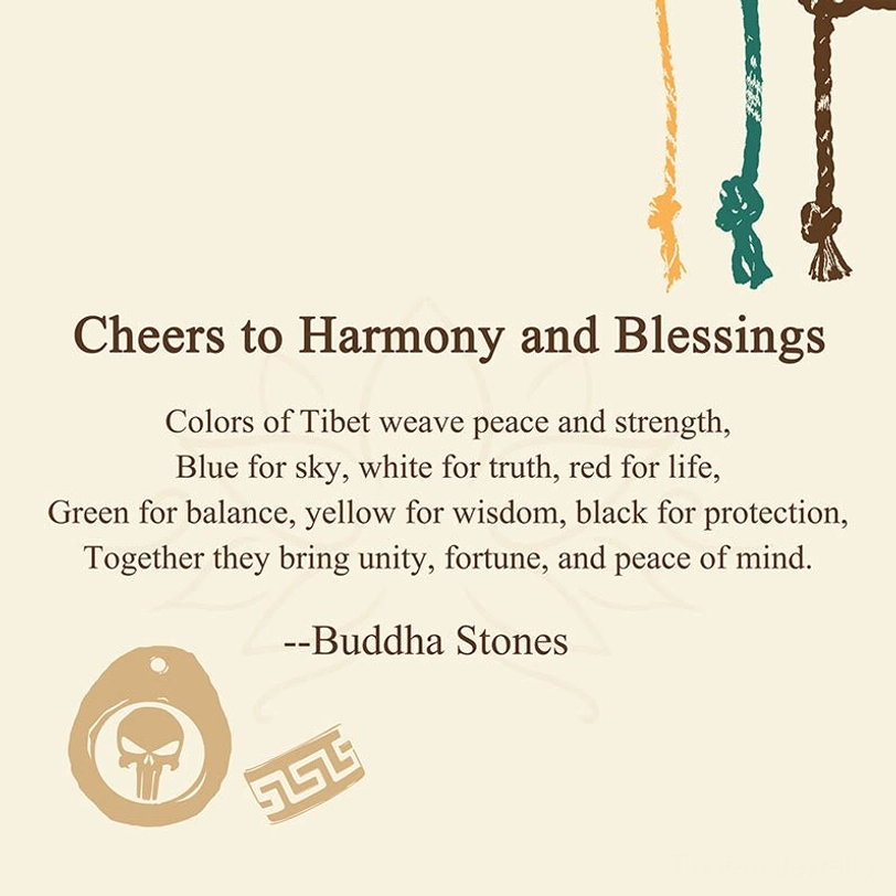 Tibetan harmony blessing message card with sacred text, Buddha Stones branding, and color swatch reference guide