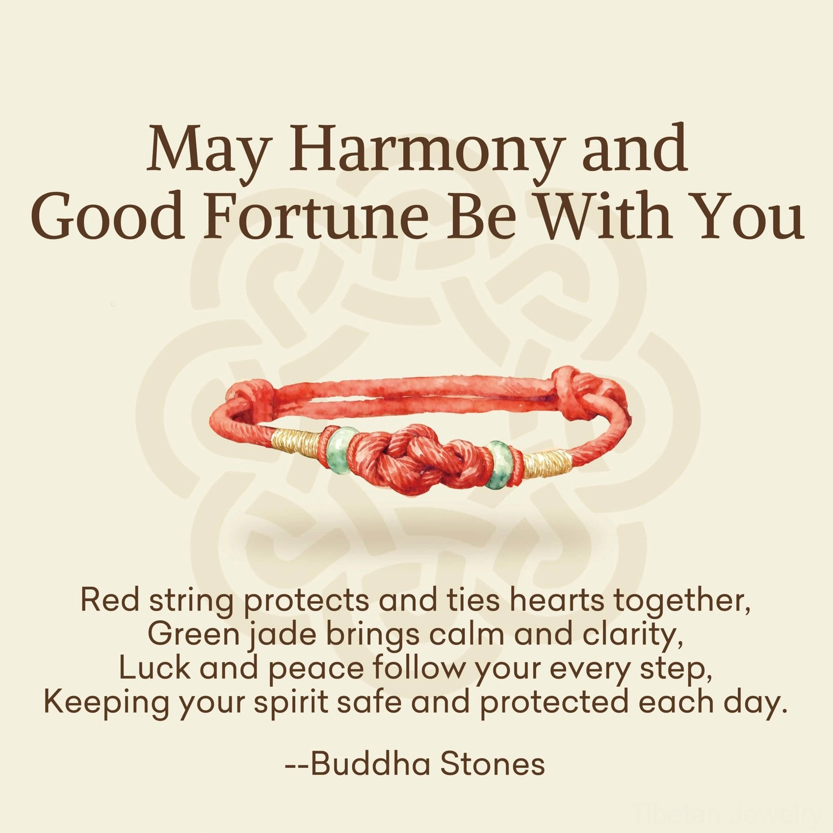 Tibetan blessing message card displaying bracelet design and spiritual guidance text on patterned background