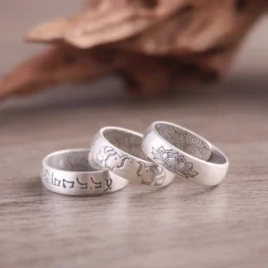 999 sterling silver tibetan blessing rings collection - lotus elephant and om mani padme hum symbols in vintage matte finish