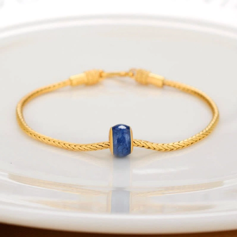 Blue stone cylindrical bead Tibetan spiritual bracelet with smooth gold metal chain