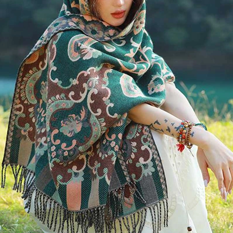 Tibetan vine leaf botanical wrap in blue tone with jacquard weave and ornamental tassel fringe
