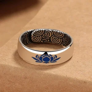 Blue lotus spiritual ring front view featuring vibrant enamel pattern and polished copper finish on kraft paper background