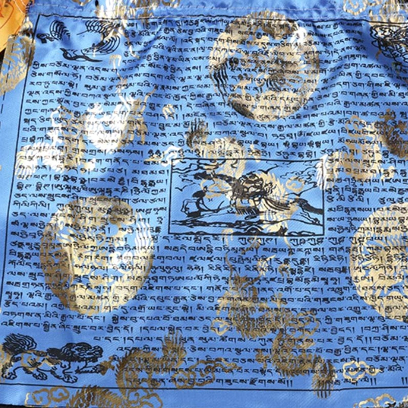 Blue Tibetan prayer flag - gold foil printed windhorse and dragon patterns with sacred Tibetan mantras