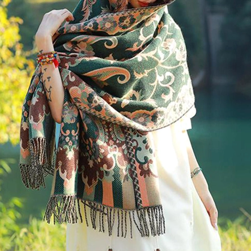 Tibetan botanical vine leaf wrap shawl in blue with traditional paisley and botanical embellishment
