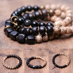 Stacked collection of Bodhi Seed and Black Obsidian bracelets showing alternating bead designs with cube and round beads in natural tones