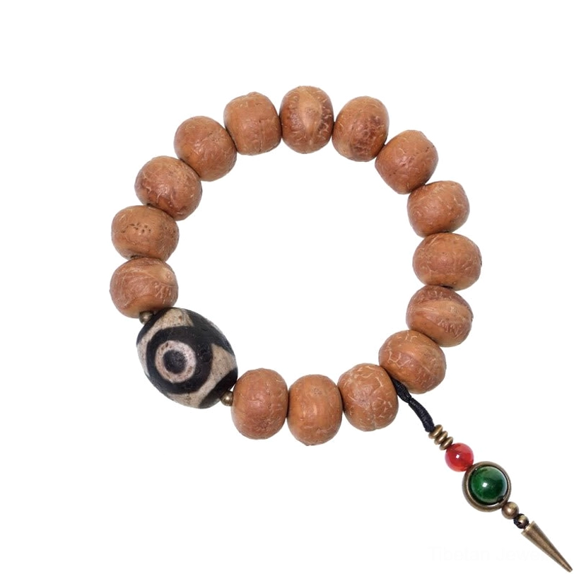 Tibetan bodhi seed dzi bead mala bracelet spiritual protection amulet with sacred three-eyed dzi pattern