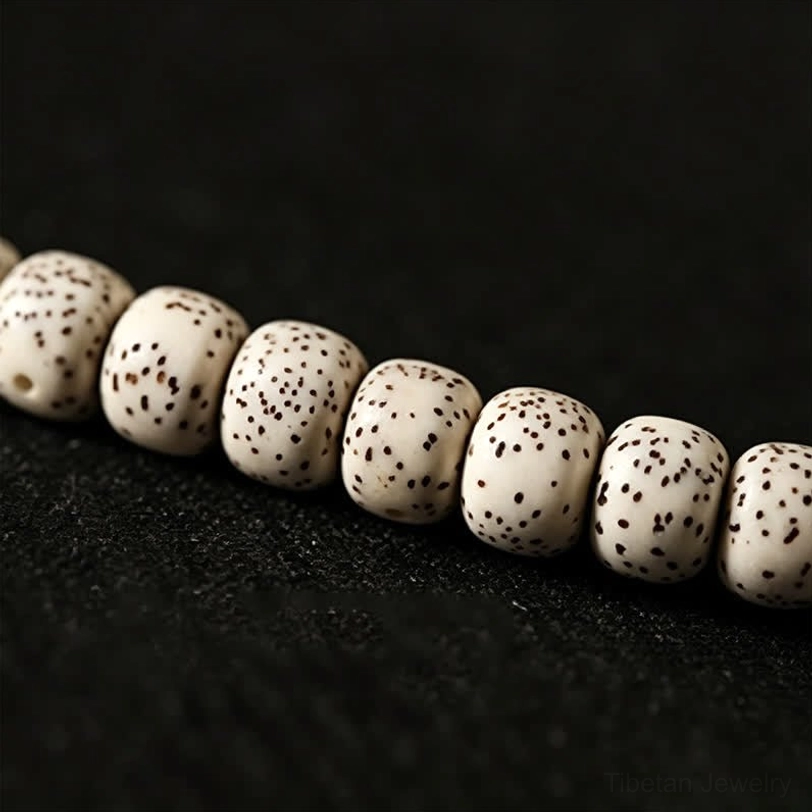 Tibetan Bodhi seed mala bracelet detail showing individual Star Moon beads with natural patterns and spiritual craftsmanship