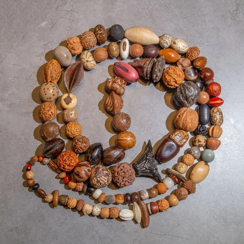 Tibetan Bodhi seed prayer mala with reddish accent beads and carved seeds, top-down view authentic Buddhist meditation necklace