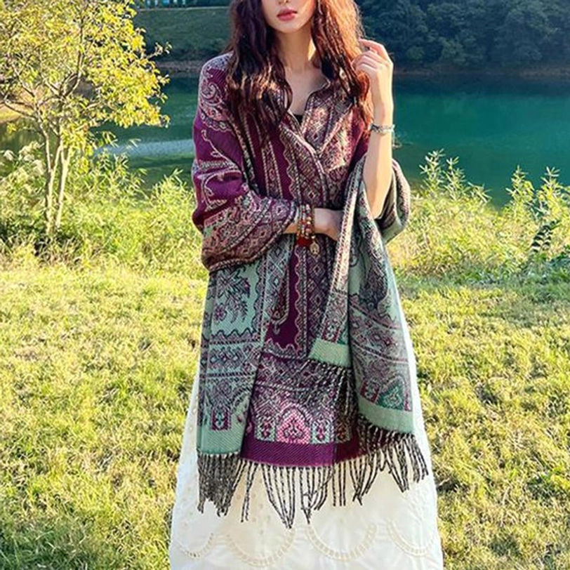 Maroon tone Tibetan boho wrap with green reverse, woven ethnic leaf patterns and fringe hem