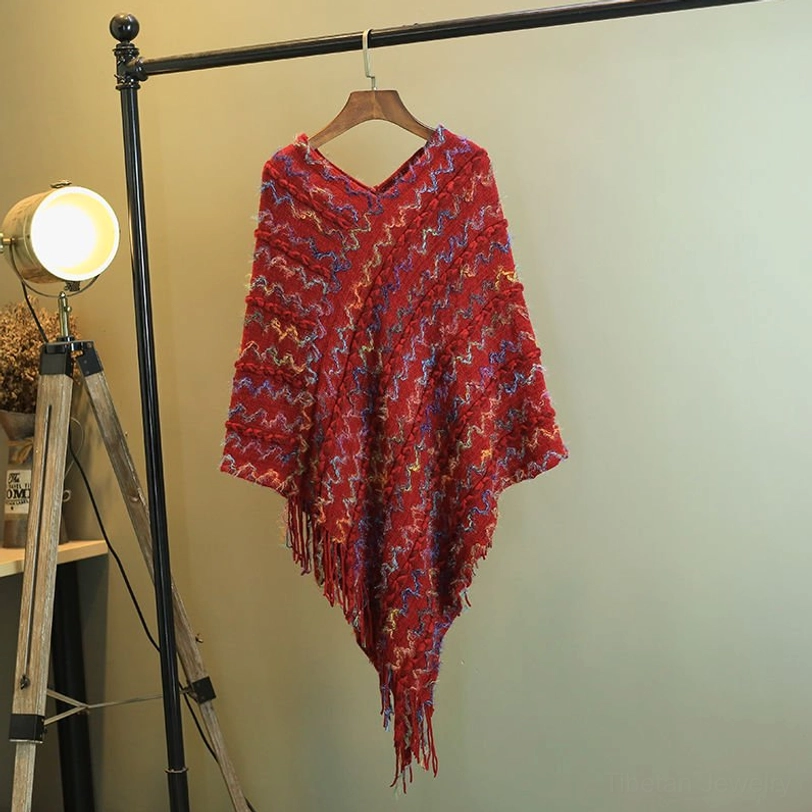 Tibetan bohemian shawl wrap with authentic multicolor stripes and artisanal tassel details