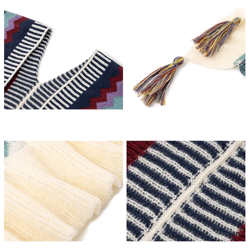 Tibetan bohemian knit shawl featuring geometric chevron stripes with decorative tassels and ethnic color harmony