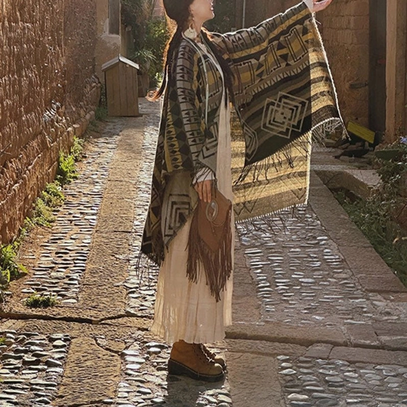 Ethnic bohemian tassel shawl color swatch and material quality showcase, highlighting soft polyester fabric and tassel details